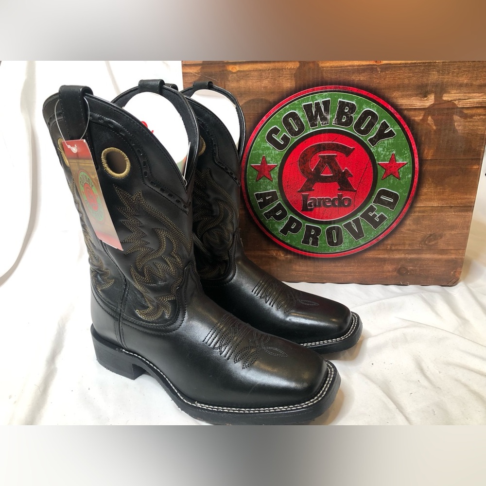 Laredo Mens Kane Square Toe Black Leather Western Boots- Size 9.5 Brand New - Picture 11 of 11